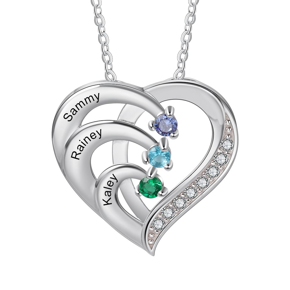 925 Sterling Silver Personalized Heart Necklace with 3 Name and 3 Birthstones