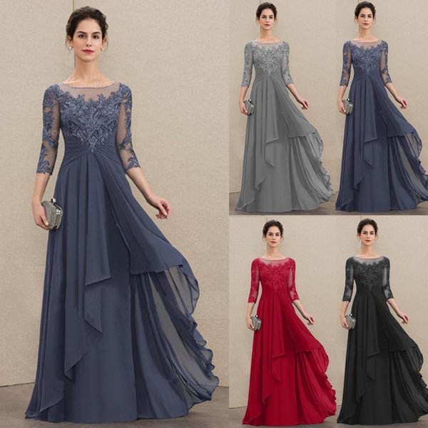 New Women Fashion Chiffon Lace Dresses Mother of The Bride Long Dress Patchwork Sexy Elegant Half Sleeve A-Line Scoop Neck Evening Dress Floor Length Party Dress Ladies Plus Size Maxi Prom Dress