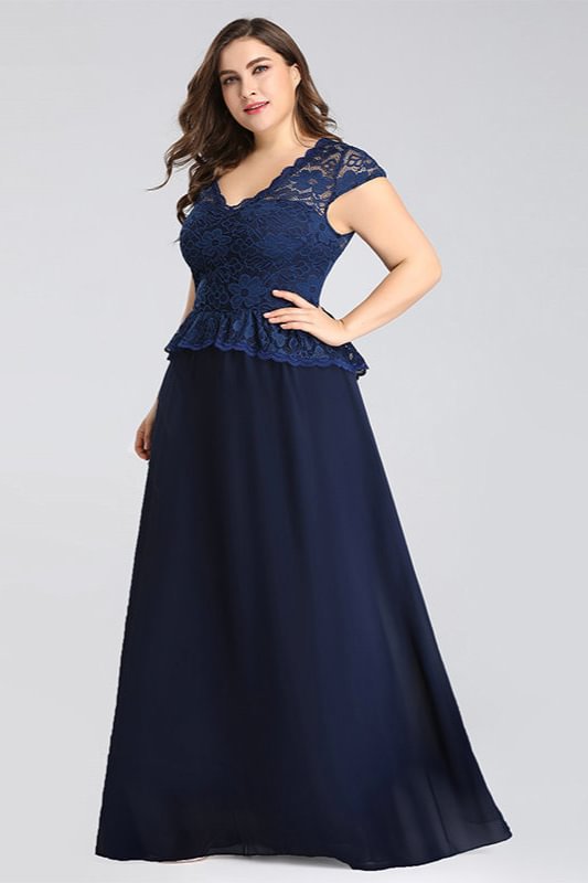 Glamorous Navy Blue Lace Long Plus Size Evening Gowns Online
