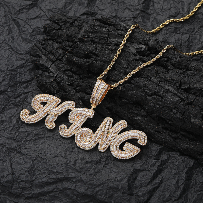 Custom Name Chain Iced Out Baguette Letters Pendant Necklace-VESSFUL