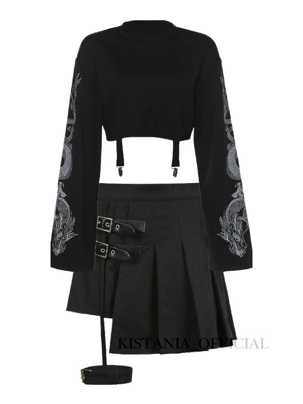 Dragon Printed Long Sleeve Black Top Crop Hoodie + Paneled Foot Ring Pleated Skirts 2 Pieces Sets
