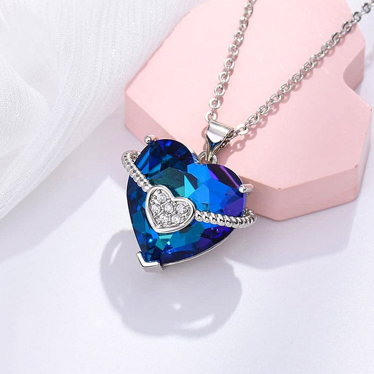 S925 Mother & Daughter Forever Linked Together Blue Crystal Heart Necklace