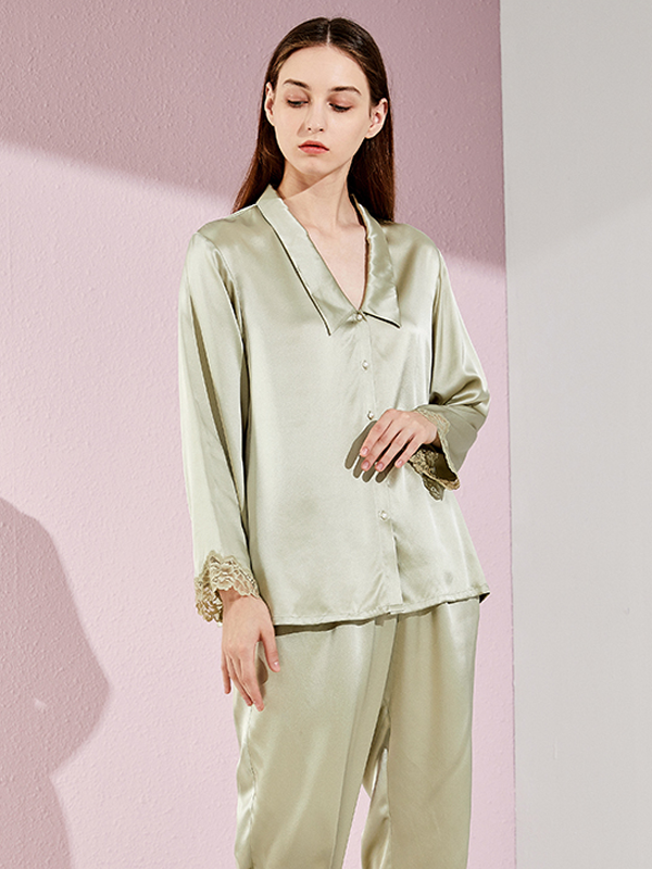 Pure Color Silk Pajamas Set With Lace Trim-Real Silk Life