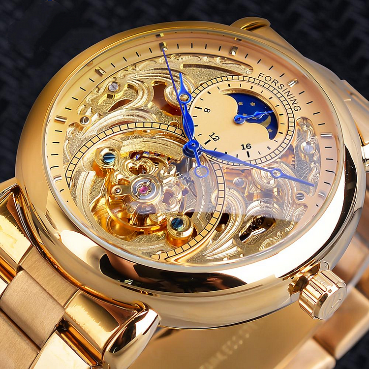 Golden Moon Phase Steel Strap Automatic Mechanical Mens Skeleton Watch