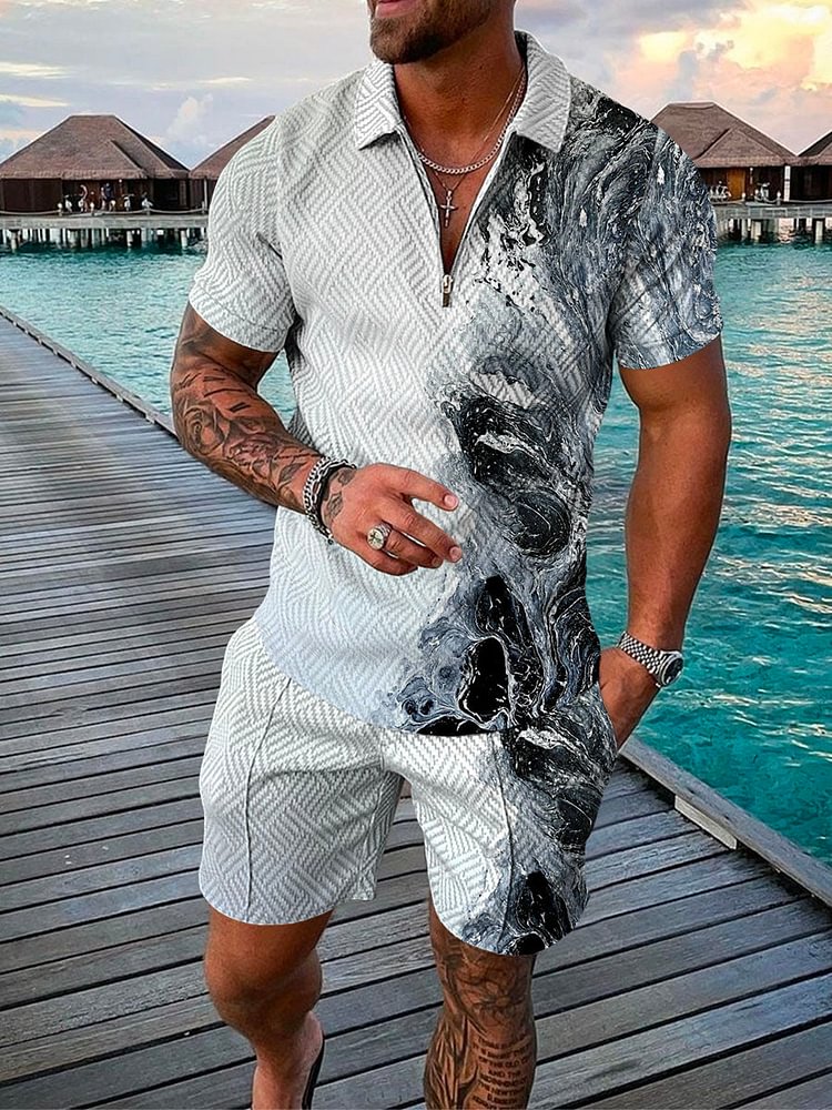 Men's Leisure Vacation Wave Printed Polo Suit