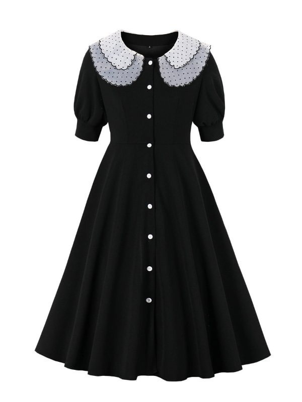 French Style Black Layered Collar Short Balloon Sleeve Tight Waist Dress