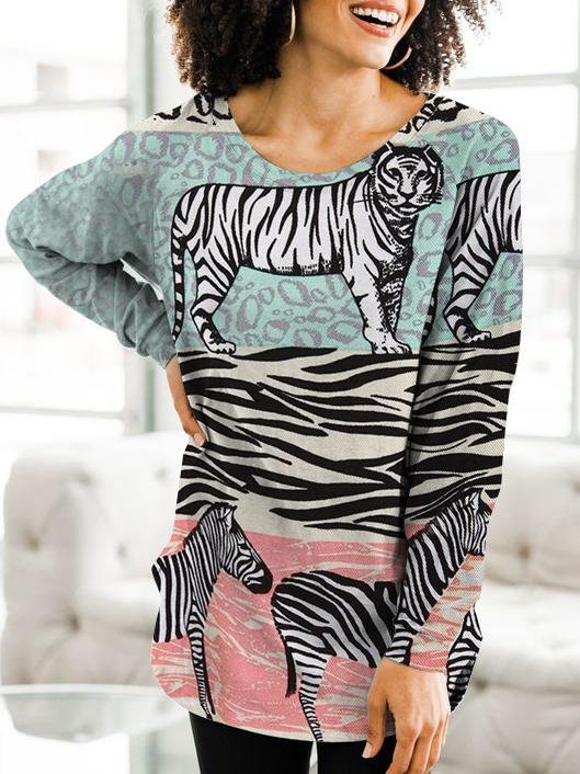 Zebra tiger print long-sleeved cotton T-shirt-Mayoulove