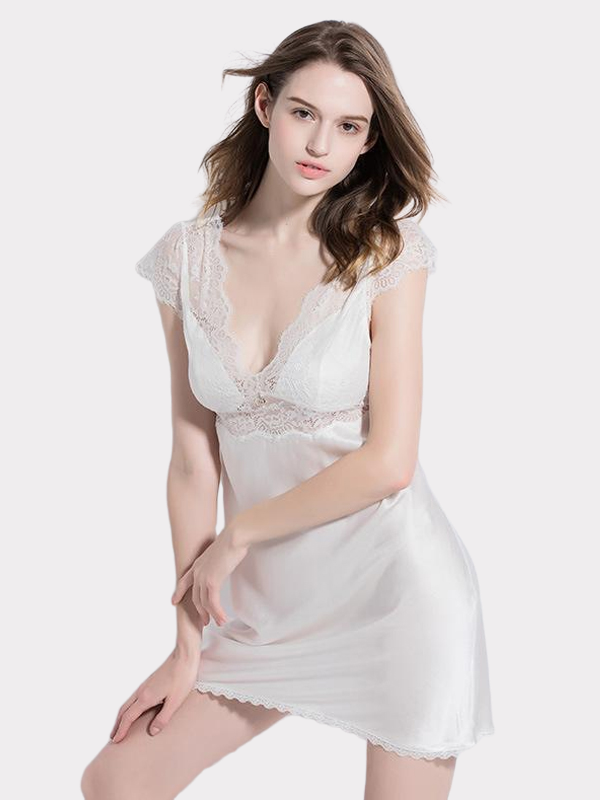19 Momme Chic White Lace Silk Nightgown-Real Silk Life