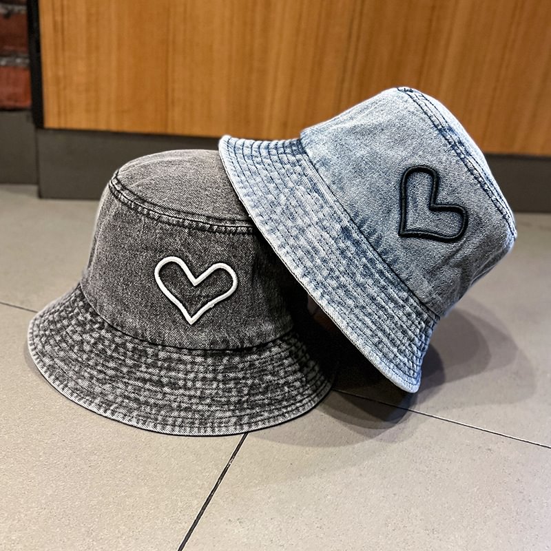 Japanese Embroidered Heart Washed Denim Bucket Hat / Techwear Club / Techwear