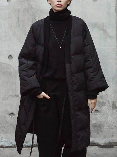 Simple Black Lace-up Cotton-padded Cloths Coat Outwear