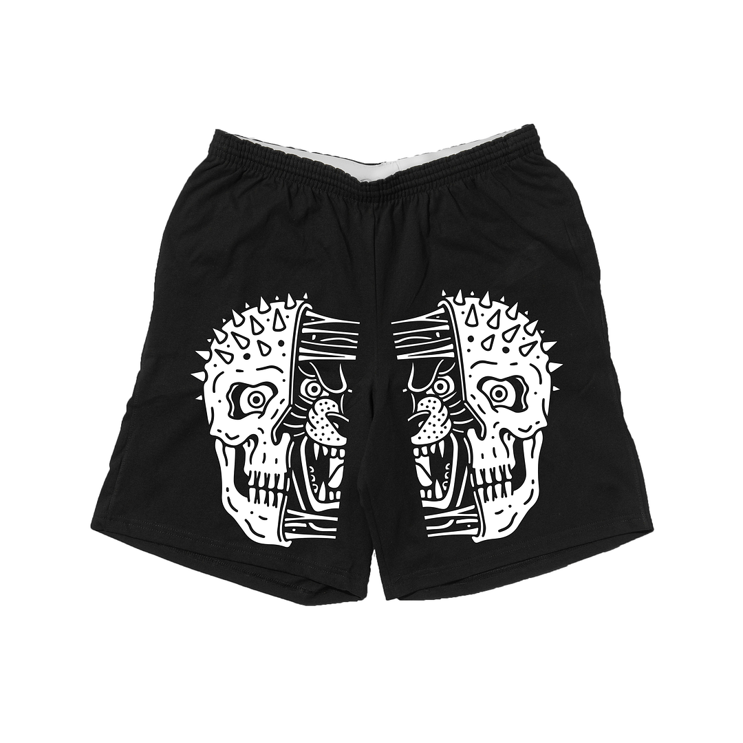 Open Minded Skull Printed Elastic-waistband Black Shorts - Krazyskull