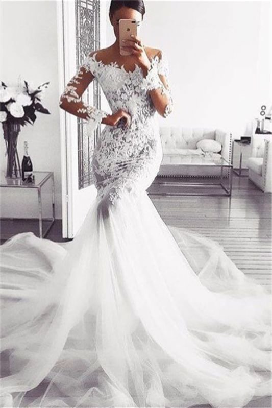 Luluslly Long Sleeves Lace Appliques Wedding Dress Mermaid Bridal Gowns