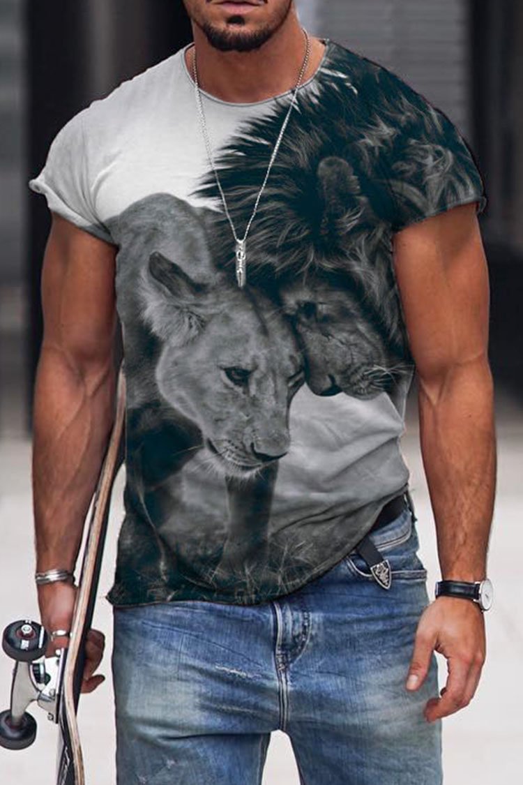 Tiboyz Men's Casual Fashion Lion Couple Print Short Sleeve T-Shirt