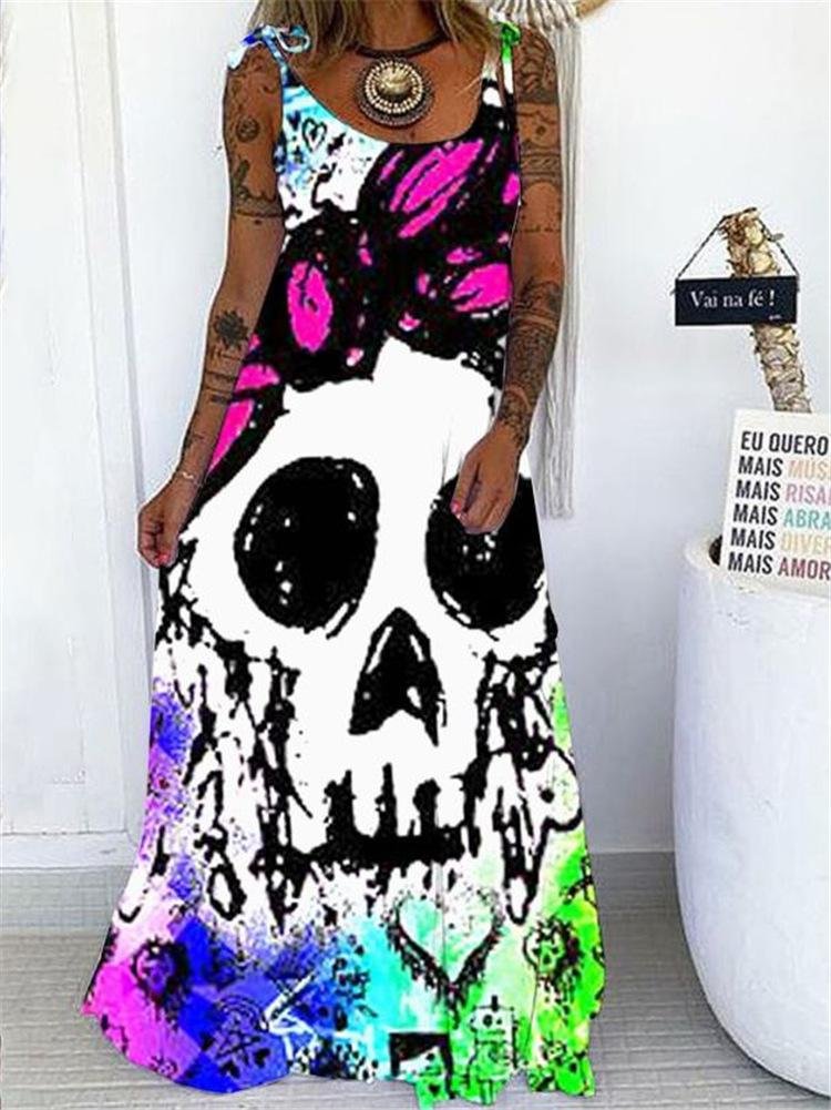 Skull Print Sleeveless Suspender Dress-Mayoulove
