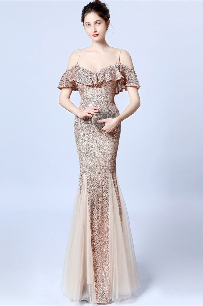gold ruffles sequins mermaid long prom dress