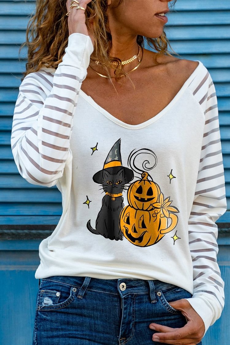 Women's T-shirts Pumpkin Cat Print T-shirt-Mayoulove