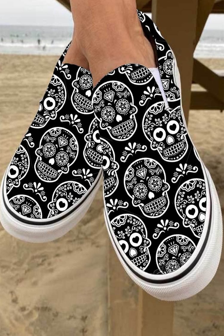 Women's Sneakers Skull Print Slip On Canvas Sneakers-Mayoulove