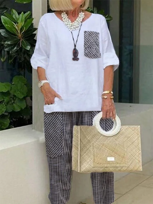 Women's Striped Pocket Cropped Trousers Cotton And Linen Suit