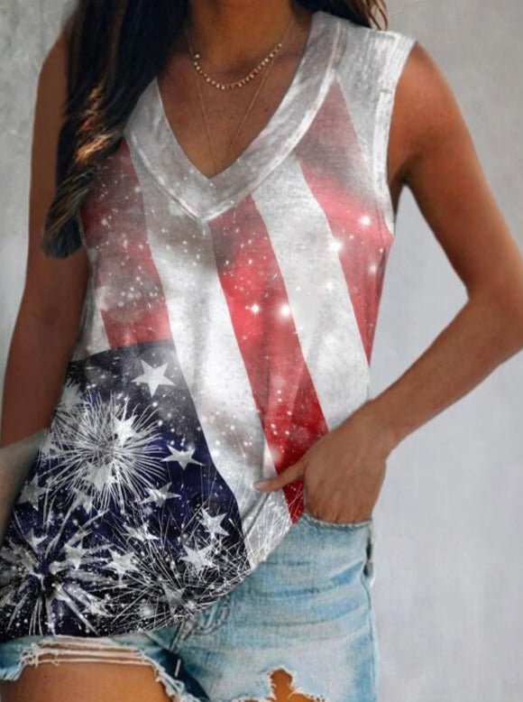 Casual Women'S American Flag Fireworks Print V-Neck Vest