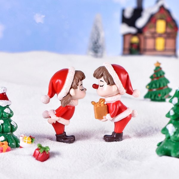 2Pcs/Set Lovely Mini Christmas Couple Dolls Landscape Ornaments Resin Figurines Fairy Garden Bonsai Dollhouse Decoration