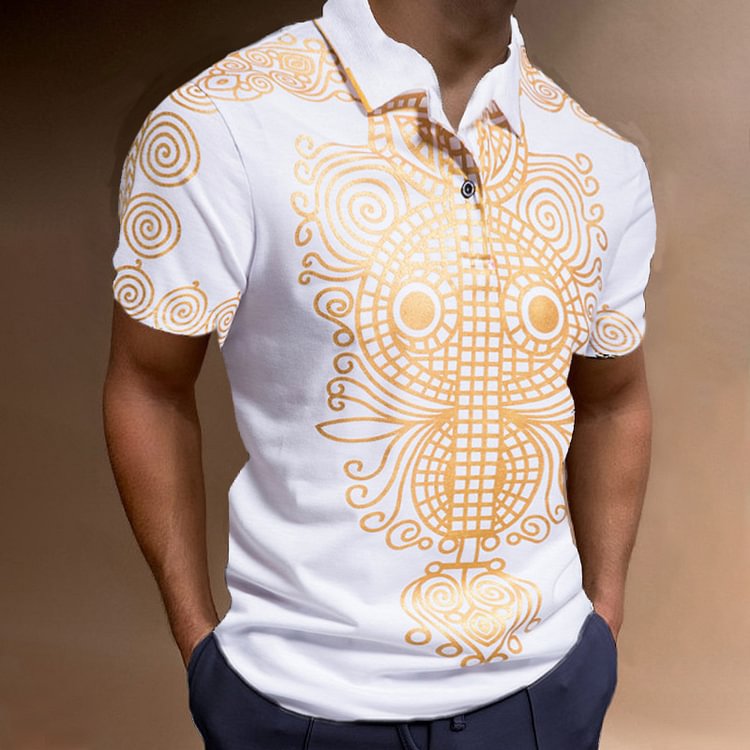 BrosWear Men's Golden Decoration Graphics Printed POLO Shirt white
