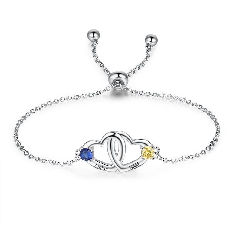 Heart Bracelet Engraved with 2 Name and 2 Birthstones