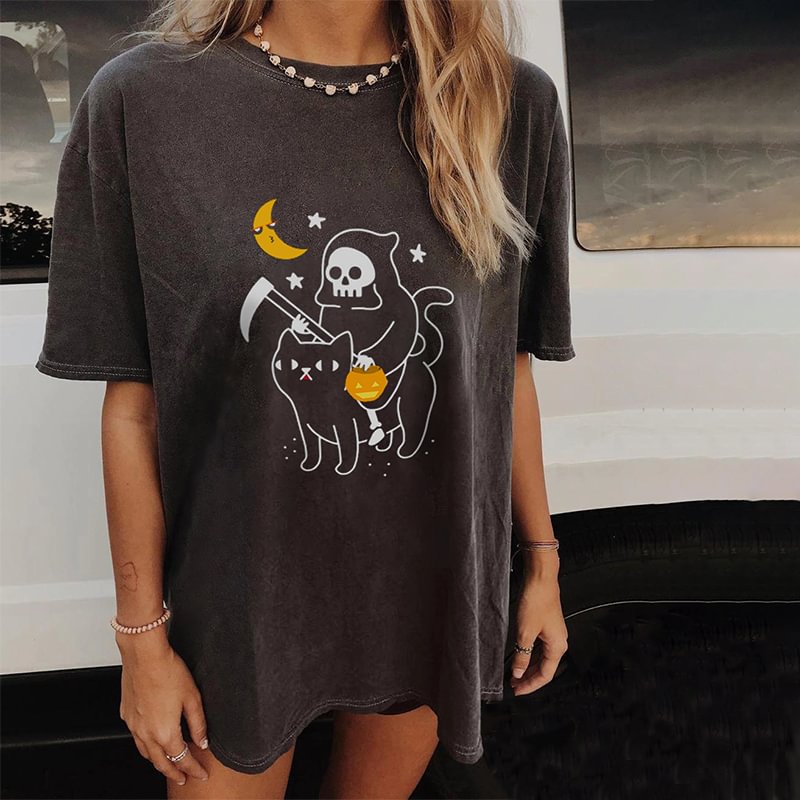   Halloween skull Skeleton cat print T-shirt designer - Neojana