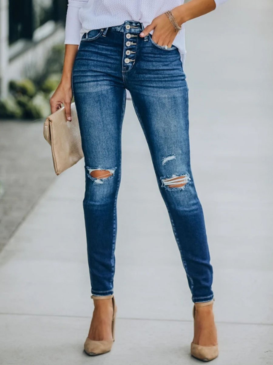 Solid High-rise Washed Holes Skinny Jeans P15151