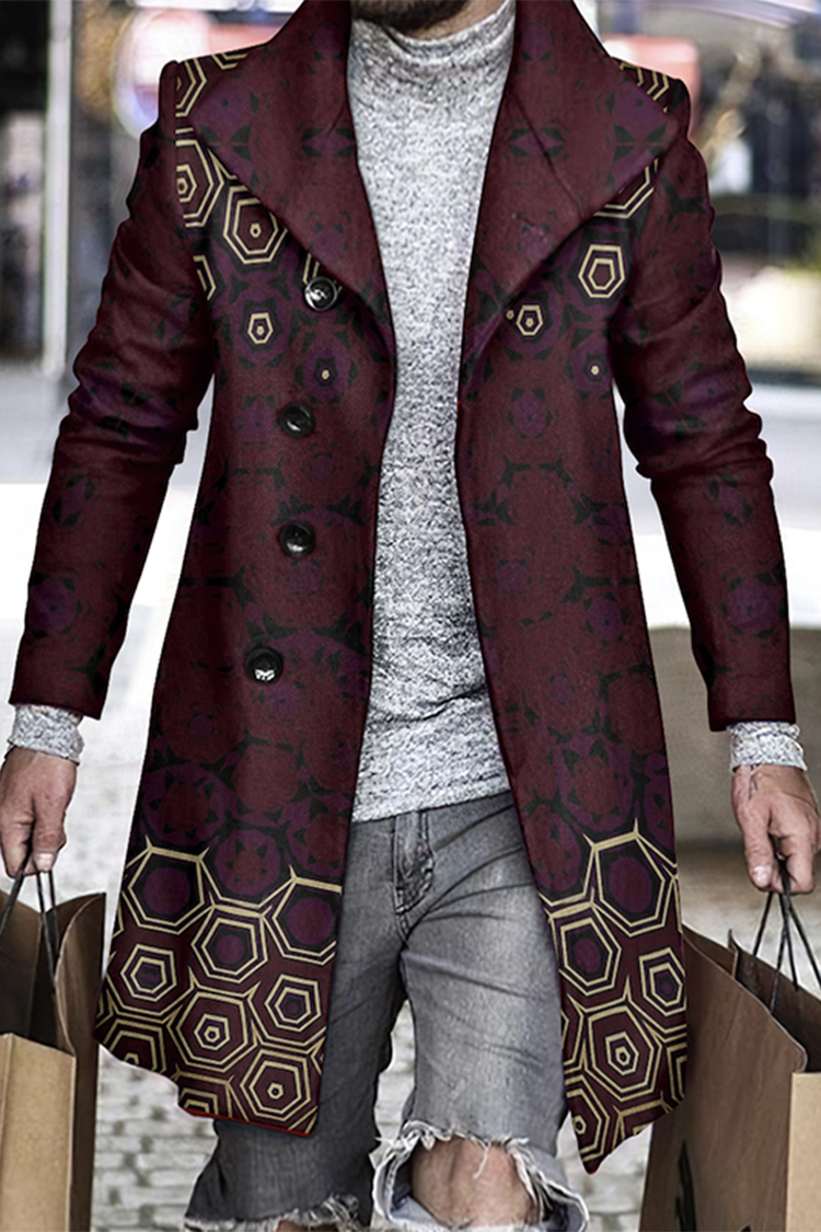 Tiboyz Men's Retro Positioning Floral Mid Length Woolen Coat