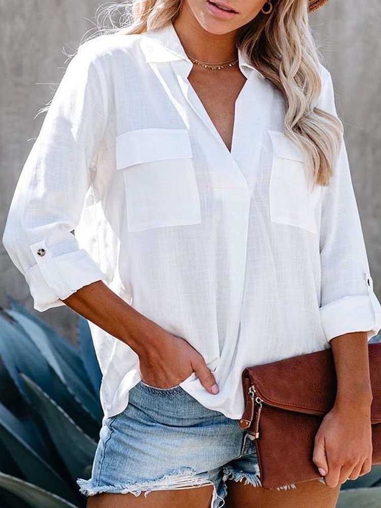 Women's V Neck Long Sleeve Plus Size Slim Fit Casual Cotton Shirt