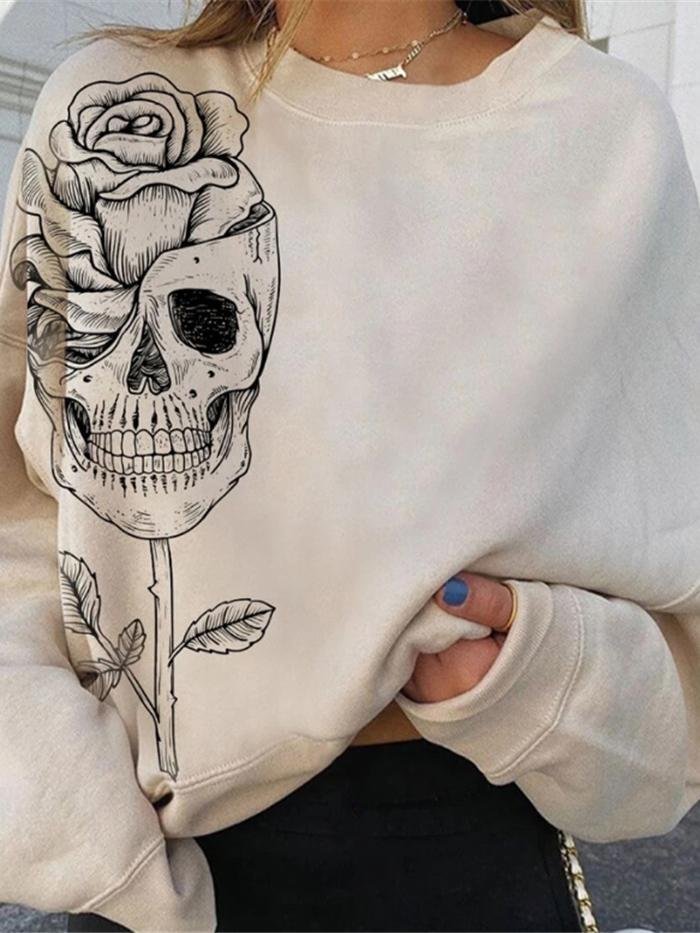 Monochrome Skull Print Round Neck Long Sleeve Pullover Sweatshirt-Mayoulove