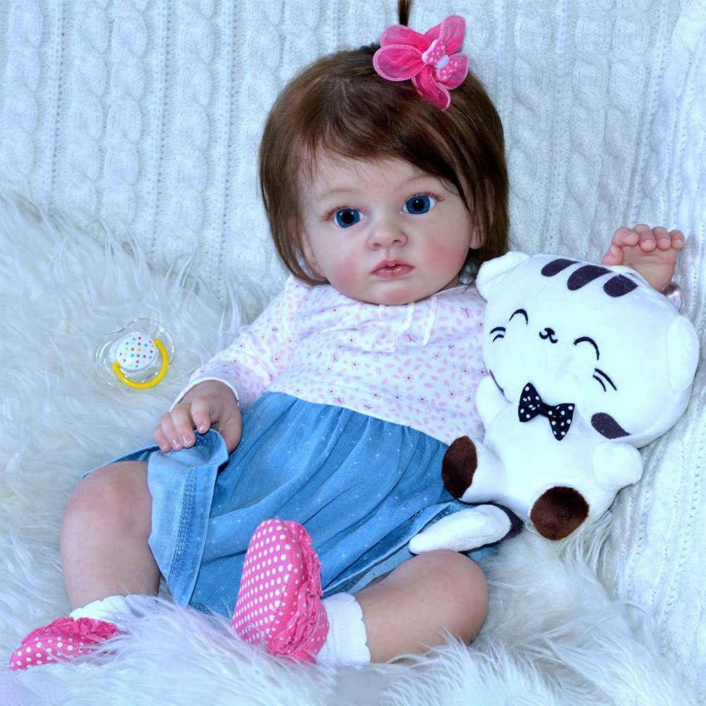 20" Realistic Soft Body True Touch Cloth Body Reborn Cute Toddler Baby Girl Bend With Long Curly Dark Brown Hair