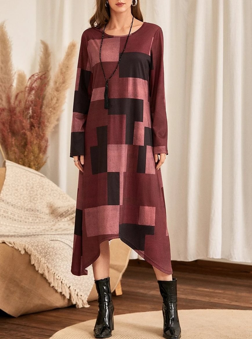 Geometric Print Knitted Irregular Hem Casual Loose Round Neck Dress-Corachic