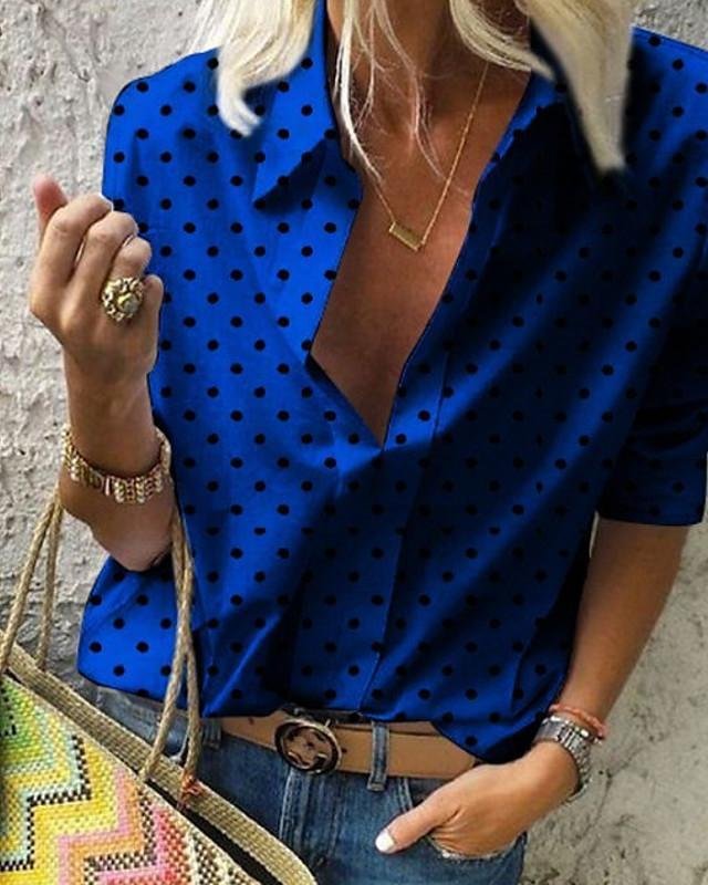 Women's Plus Size Blouse Shirt Polka Dot Sexy Long Sleeve Shirt Collar Tops Basic Top White Blue Red-0202802-Corachic