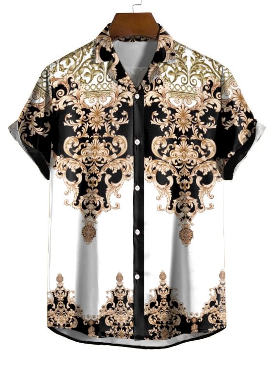 BrosWear Black And White Color Matching Baroque Short Sleeve Shirt