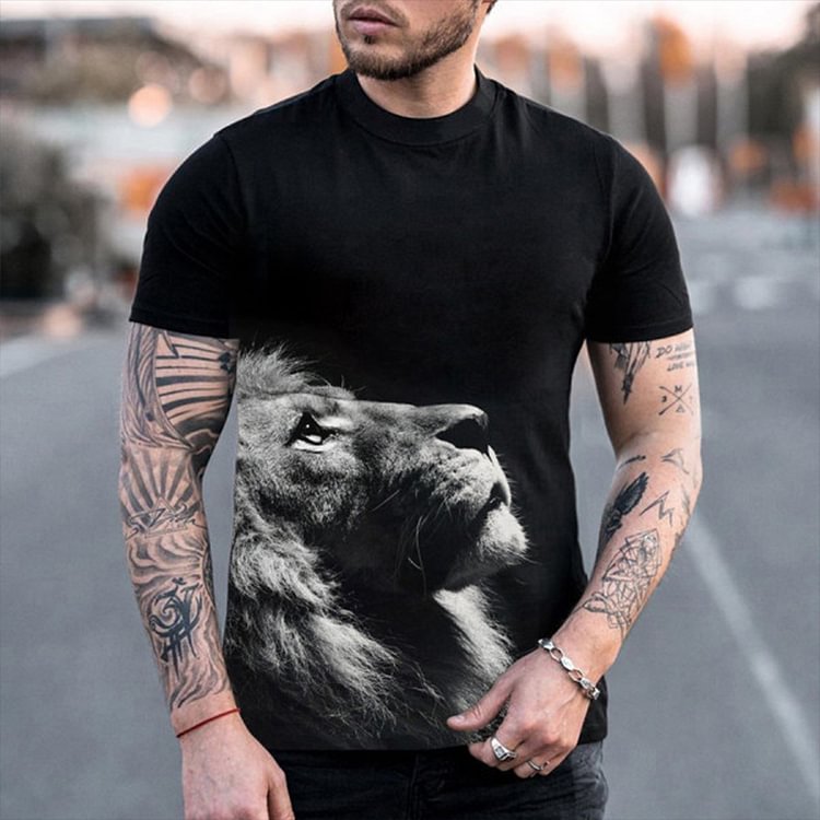 BrosWear Animal Series Black and White Lion Print Short Sleeve T-shirt black