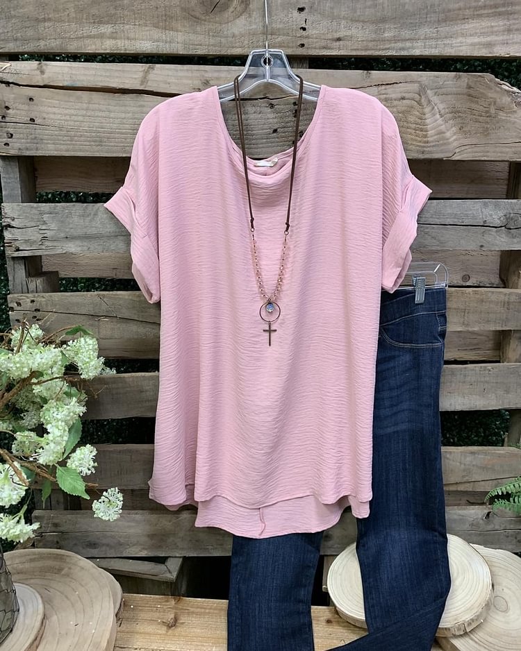 Pure cotton casual pink T-shirt-Mayoulove