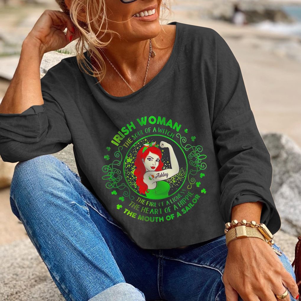 Irish Women The Soul Of A Witch The Fire Of A Lioness The Heart Of A Hippie Print Women Crew Neck Long T-shirt