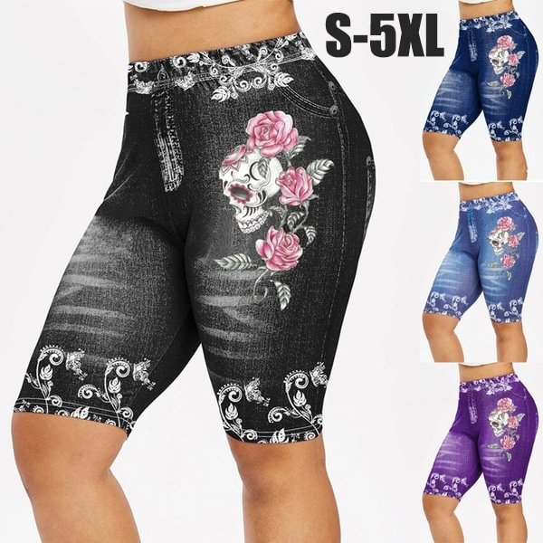 Casual shorts for women New Women Fashion S-5XL Skinny Skull Flower Print Casual Jeggings Yoga Leggings Faux 3D Denim Jean Shorts Pants Plus Size