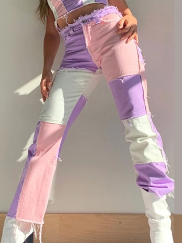 Y2K Multicolor Raw Hem Cute Straight Jeans