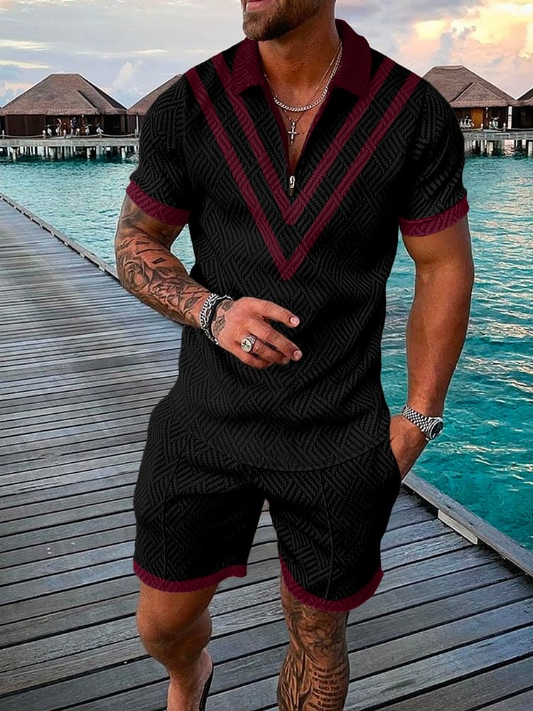 Men's Textured Printed Black Polo Suit
