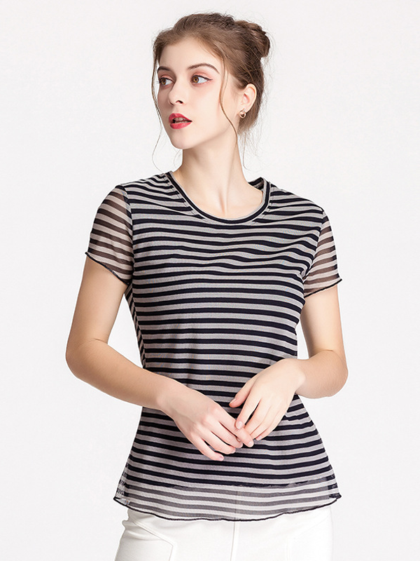 Silk T-shirt Stripe Short Sleeve Slim Top-Real Silk Life