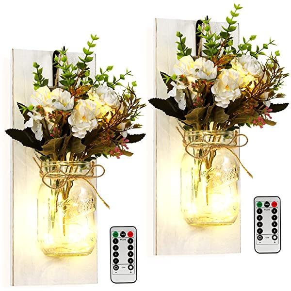 Antique Mason Jar Wall Candlestick Lighting, Home Decoration, Living Room, Bathroom, Hanging Retro Wall Closet 6 Hours LED Lighting With Remote Control(2 Sets) Large White、、sdecorshop