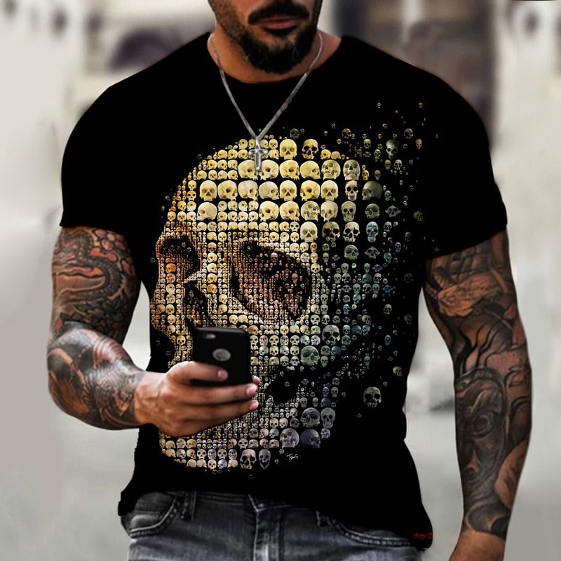 Skull Rose Romantic 3D Printed Short-sleeved Casual Men's T-shirts-VESSFUL