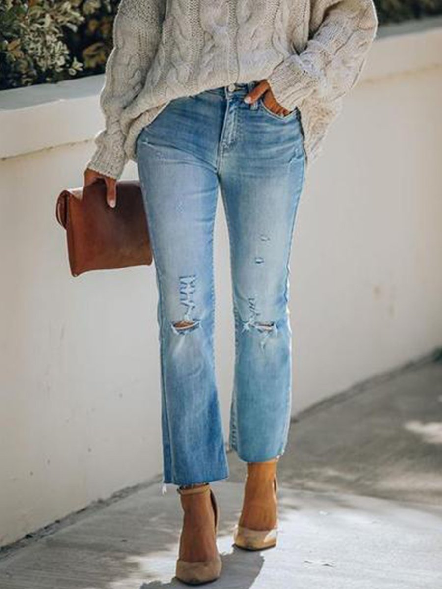 Distressed Ripped Straight-Leg Cropped Jeans P11272