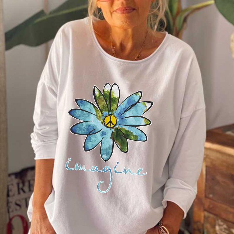 Bule Daisy Flower Printed Women Long Sleeve T-shirt