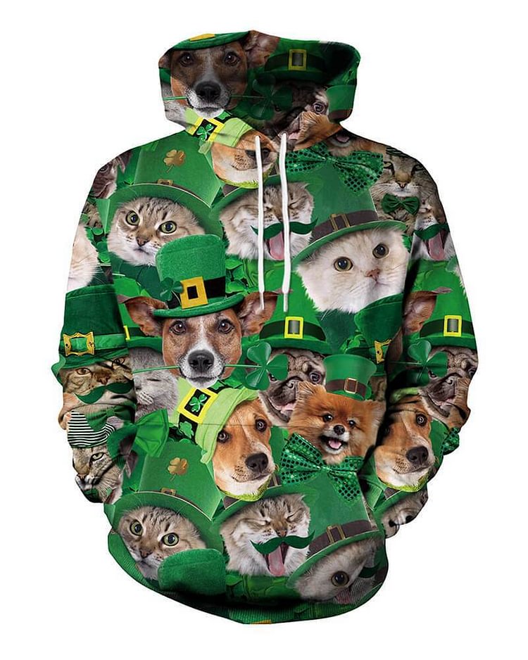 Mayoulove Green Puppy And Kitty In The Green Hat Printed Unisex Pullover Hoodie-Mayoulove