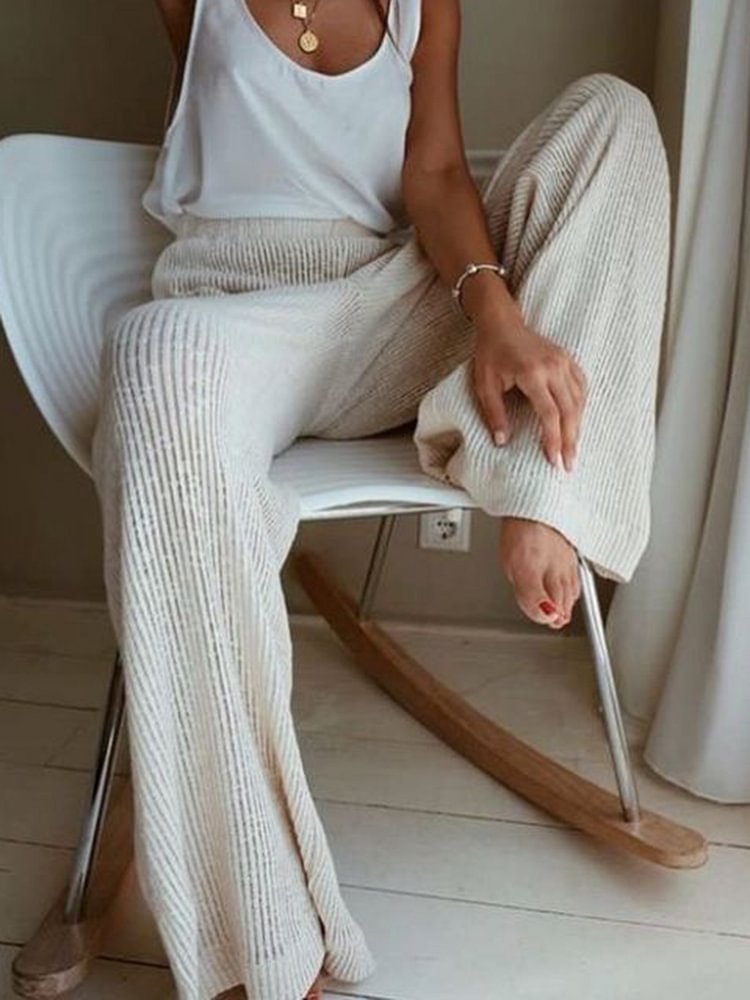Women Wide Leg Solid Casual Knitted Pants