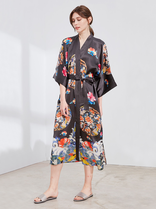 25 Momme Black Kimono Flower Silk Robe-Real Silk Life