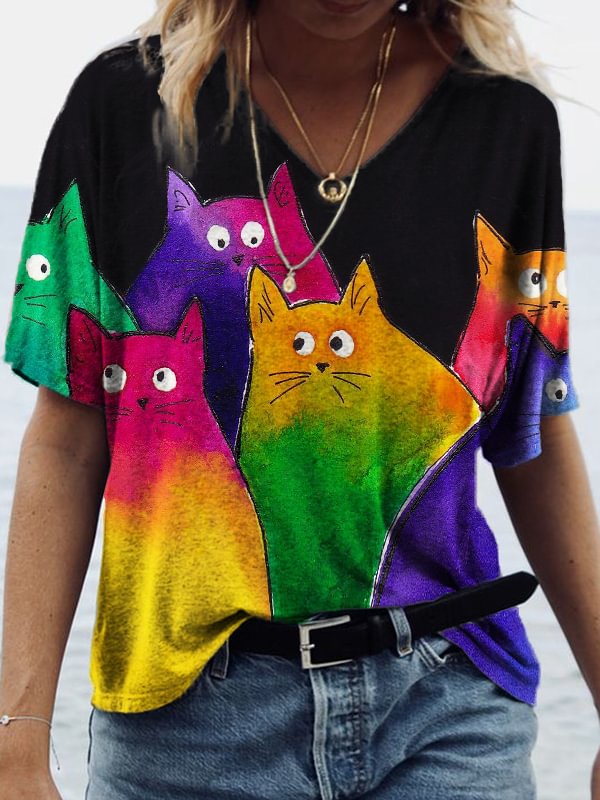 BrosWear Women's Gradient Colorful Cats V Neck T Shirt